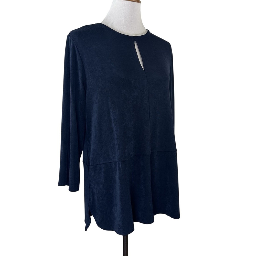 Chico's Travelers Keyhole Detail Tunic Top Navy Blue 3/4 Sleeve Slinky Womens 2